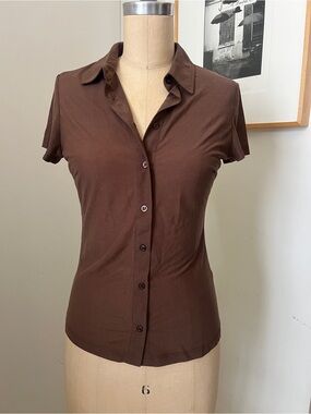 Sheer Brown Short Sleeve Button-Down Shirt